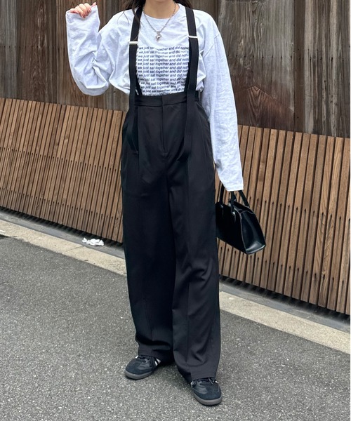 セール】サスペンダー付きハイウエストスラックスパンツ（スラックス