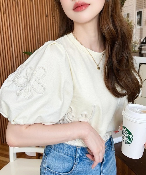 セール】ニュアンスフラワーコード刺繍ボリュームスリーブ半袖プル