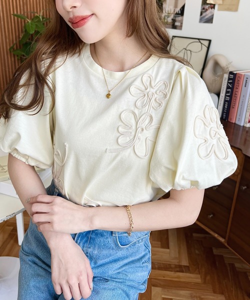 セール】ニュアンスフラワーコード刺繍ボリュームスリーブ半袖プル