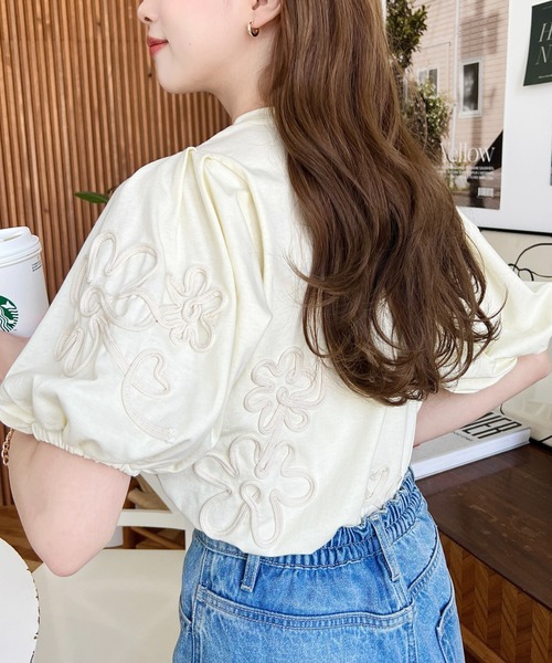 セール】ニュアンスフラワーコード刺繍ボリュームスリーブ半袖プル