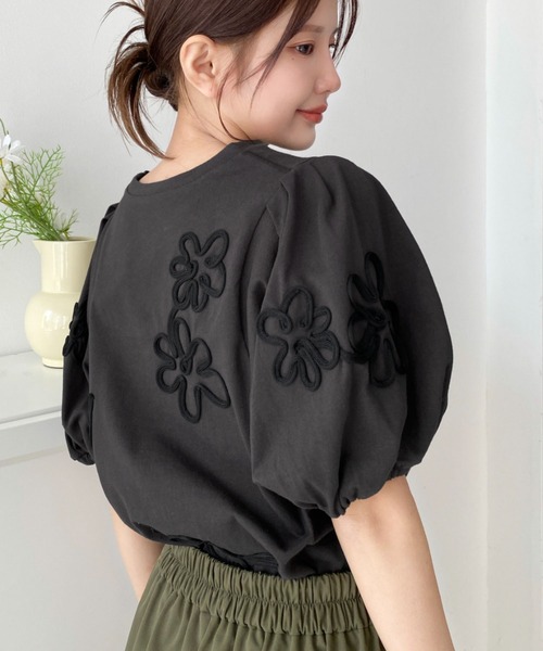 刺繍ボリュームスリーブブラウス セール】ニュアンスフラワーコード刺繍ボリュームスリーブ半袖