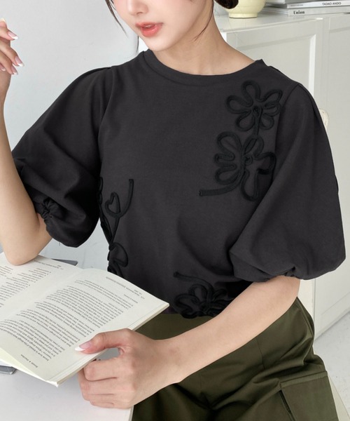 セール】ニュアンスフラワーコード刺繍ボリュームスリーブ半袖プル