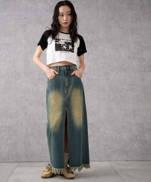 WEGO(ウィゴー)の「WEGO/ヴィンテージウォッシュデニムロングスカート(デニムスカート・レディース・インディゴブルー/ブラック・FREE)」の4枚目の写真