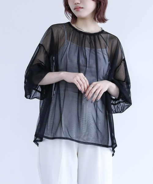 n'OrLABEL(ノアールレーベル)の「【廃盤】『ランタンスリーブシアーチュールカットソー』(Tシャツ/カットソー・レディース・アイボリー/ブラック・FREE)」の1枚目の写真