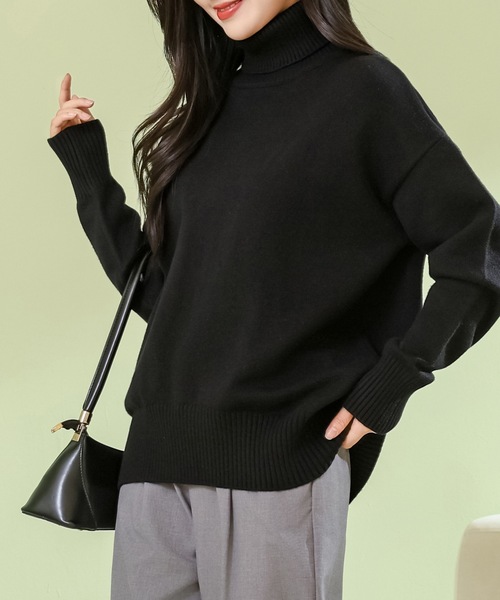 Lace Ladies(レースレディース)の「ソリッドカラー ハイネック 長袖 ニット プルオーバー(ニット/セーター・レディース・ダークグレー/アイボリー/グレイッシュベージュ/ブラック/ライトグレー・M)」の1枚目の写真