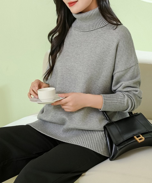 Lace Ladies(レースレディース)の「ソリッドカラー ハイネック 長袖 ニット プルオーバー(ニット/セーター・レディース・ダークグレー/アイボリー/グレイッシュベージュ/ブラック/ライトグレー・M)」の11枚目の写真