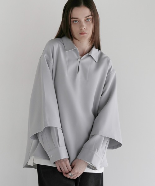 SOCCE（ソーシー）の「ルーズシルエットドレープフェイクレイヤードスキッパーロングスリーブシャツ（シャツ/ブラウス・メンズ・ホワイト/ブルー/チャコール/ブラック/ライトグレー/グレー系・M/L/XL/S）」の3枚目の写真