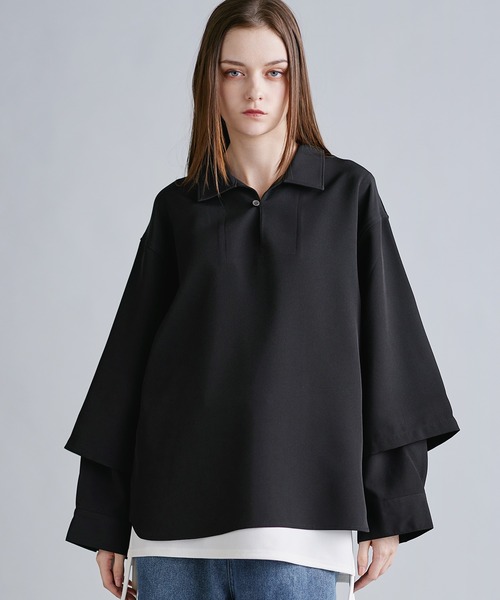 SOCCE（ソーシー）の「ルーズシルエットドレープフェイクレイヤードスキッパーロングスリーブシャツ（シャツ/ブラウス・メンズ・ホワイト/ブルー/チャコール/ブラック/ライトグレー/グレー系・M/L/XL/S）」の7枚目の写真