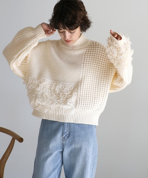 select MOCA（セレクトモカ）の「ループ切替フリンジバルキーニット（ニット/セーター・レディース・アイボリー/ブラック/ヘザーグレー・FREE）」の12枚目の写真