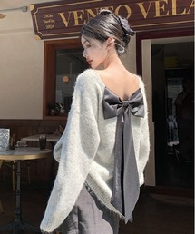 バックデザイン/立体リボン付きニットプルオーバー