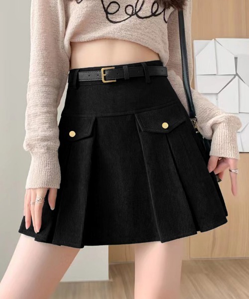 Miniministore（ミニミニストア）の「コーデュロイプリーツスカート ベルト付き（スカート・レディース・ブラック/ダークブラウン・S/M/L/XL）」の2枚目の写真