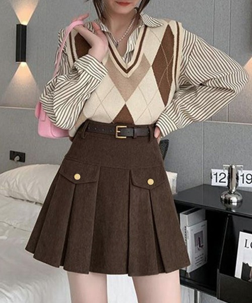 Miniministore（ミニミニストア）の「コーデュロイプリーツスカート ベルト付き（スカート・レディース・ブラック/ダークブラウン・S/M/L/XL）」の11枚目の写真