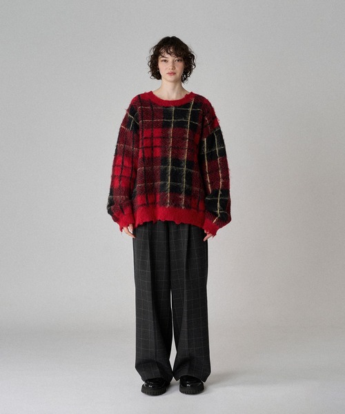 ONCILY（オンシェリー）の「CHECK PATTERN SHAGGY VOLUME KNIT / シャギーチェックボリュームニット（ニット/セーター・メンズ・グレー/ブルー/レッド・SMALL/MEDIUM/LARGE）」の7枚目の写真