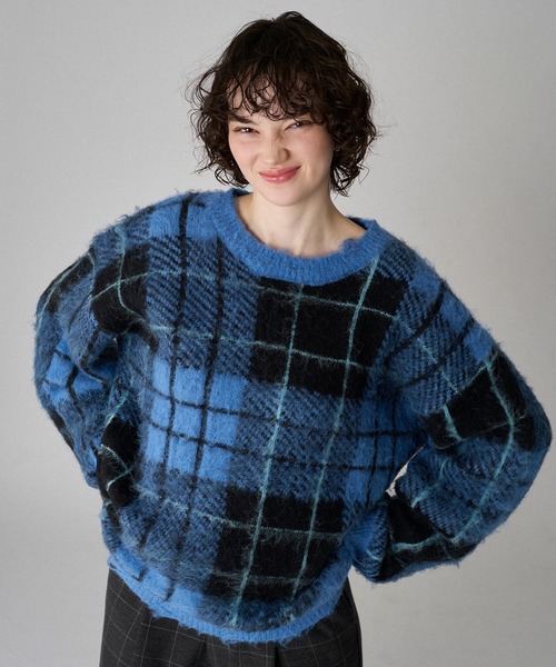 新品未使用　ENFOLD 青 チェック柄 長袖ニット CHECK PATTERN SHAGGY VOLUME KNIT / シャギーチェックボリューム