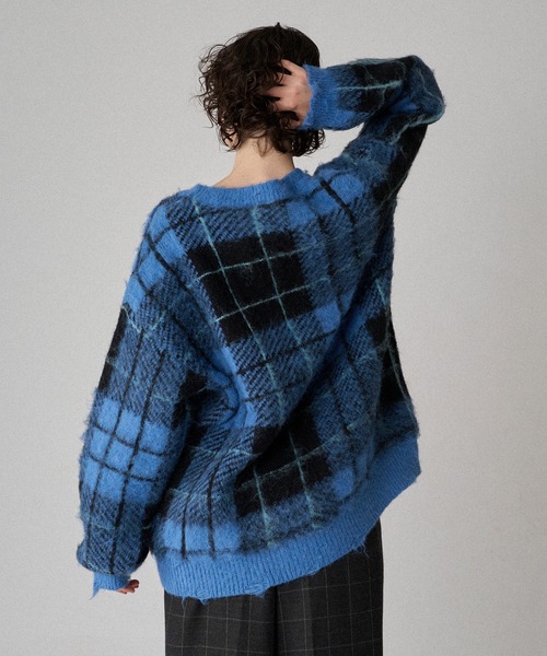 ONCILY（オンシェリー）の「CHECK PATTERN SHAGGY VOLUME KNIT / シャギーチェックボリュームニット（ニット/セーター・メンズ・グレー/ブルー/レッド・SMALL/MEDIUM/LARGE）」の21枚目の写真