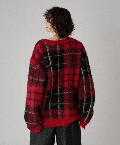ONCILY（オンシェリー）の「CHECK PATTERN SHAGGY VOLUME KNIT / シャギーチェックボリュームニット（ニット/セーター・メンズ・グレー/ブルー/レッド・SMALL/MEDIUM/LARGE）」の12枚目の写真