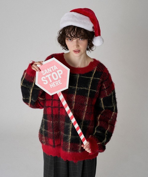 ONCILY（オンシェリー）の「CHECK PATTERN SHAGGY VOLUME KNIT / シャギーチェックボリュームニット（ニット/セーター・メンズ・グレー/ブルー/レッド・SMALL/MEDIUM/LARGE）」の10枚目の写真