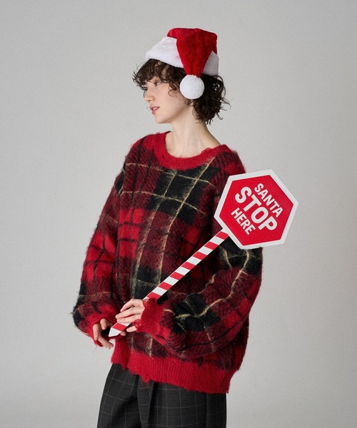 ONCILY（オンシェリー）の「CHECK PATTERN SHAGGY VOLUME KNIT / シャギーチェックボリュームニット（ニット/セーター・メンズ・グレー/ブルー/レッド・SMALL/MEDIUM/LARGE）」の9枚目の写真
