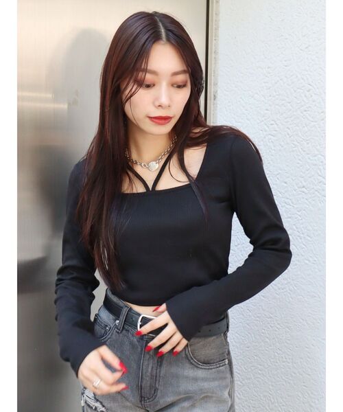 EVRIS(エヴリス)の「スクエアネックチョーカーリブトップス(Tシャツ/カットソー・レディース・グレー/ブラック/ホワイト・FREE)」の1枚目の写真