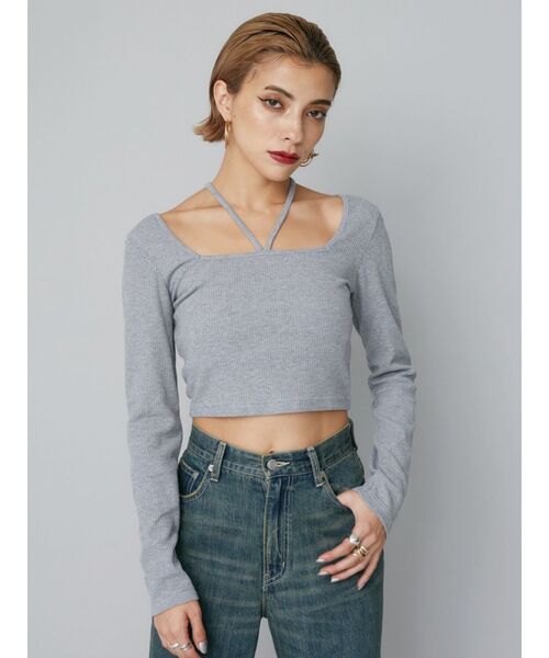 EVRIS(エヴリス)の「スクエアネックチョーカーリブトップス(Tシャツ/カットソー・レディース・グレー/ブラック/ホワイト・FREE)」の5枚目の写真