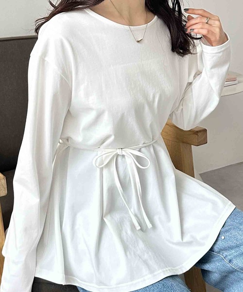 GeeRA(ジーラ)の「ウエストリボン付きペプラムカットソー(Tシャツ/カットソー・レディース・ブラック/オフホワイト/サンドグレー・LARGE/X-LARGE/MEDIUM)」の1枚目の写真