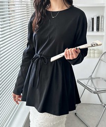ウエストリボン付きペプラムカットソー