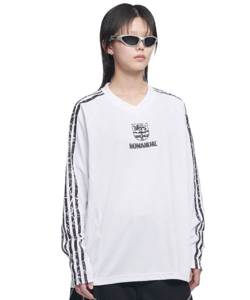 NOMANUAL(NOMANUAL)の「A'GEM/9 × .kom 『NOMANUAL/ノーマニュアル』 CRACKED LINE LONG SLEEVE UNIFORM/クラックドラインロングスリーブユニフォーム(Tシャツ/カットソー・レディース・ブラック/ホワイト・L)」の1枚目の写真
