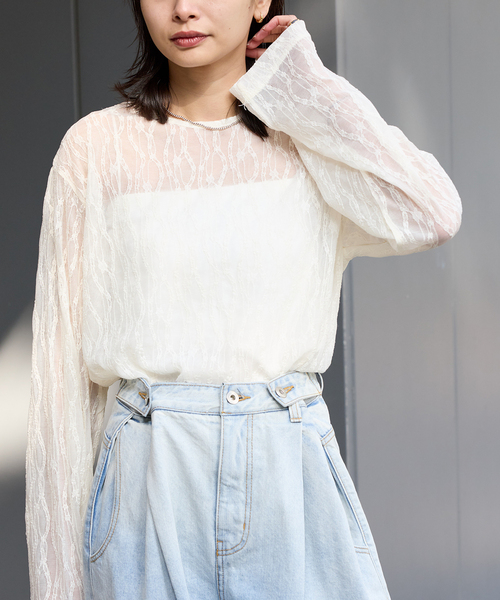 【美品】ジャーナルスタンダード ゆったり カットワークレース プルオーバー 白 セール】ストレッチレースビッグプルオーバー（Tシャツ