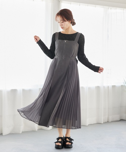 mysty woman（ミスティウーマン）の「サイドプリーツジャンスカ  328258（ジャンパースカート・レディース・アイボリー/チャコールグレー/ダークベージュ・FREE）」の7枚目の写真