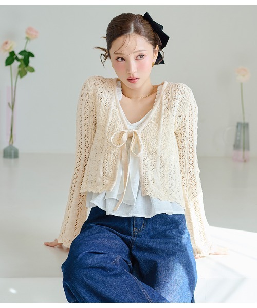 PEACH JOHN（ピーチジョン）の「かぎ針風ニットカーデ（カーディガン/ボレロ・レディース・ミント/ピンク/アイボリー・ONE SIZE）」の2枚目の写真