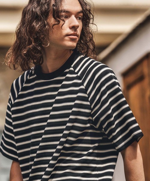 CAMBIO(カンビオ)の「mt9663-ボーダースピンドルTシャツ(Tシャツ/カットソー・メンズ・グリーン/ブラック/ベージュ・M/L/XL)」の1枚目の写真