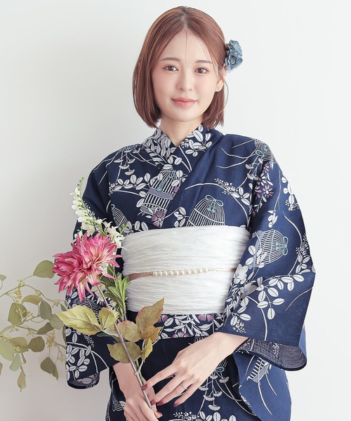 浴衣　綿　身丈159　縦縞　菊花文様　花模様　正絹　着物　042b p セール】レディース 浴衣 2点セット(綿浴衣+しわ兵児帯)「糸菊に菊花紋