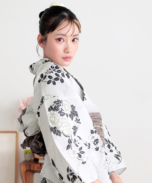 セール】レディース 浴衣 2点セット(綿浴衣+しわ兵児帯)「糸菊に菊花紋