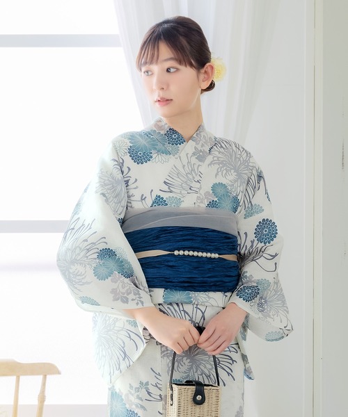 新品未使用】人形町 錦や 花柳流 浴衣・帯セット 白黒花柄 金色