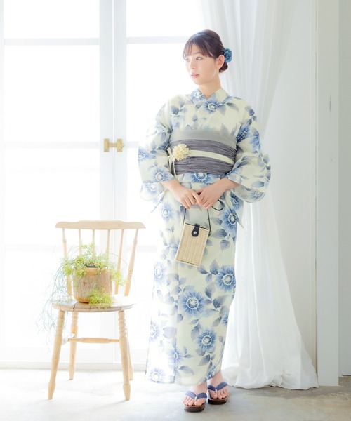 kyoto kimonomachi 花柄浴衣・帯セット　糸菊に菊花紋　ブルー 2025年新作 KIMONOMACHI オリジナル レディース浴衣 2点セット