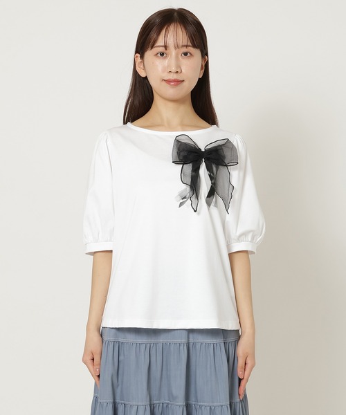 Rose Tiara（ローズティアラ）の「【コットン100％/手洗いOK/人気デザイン】リボンカットソー（Tシャツ/カットソー・レディース・オフホワイト/チャコールグレー/ブラック/ピンク・42/38/46）」の17枚目の写真