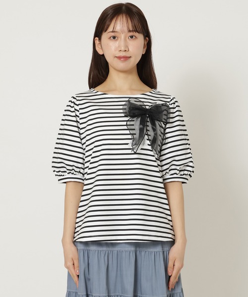 Rose Tiara（ローズティアラ）の「【コットン100％/手洗いOK/人気デザイン】リボンカットソー（Tシャツ/カットソー・レディース・オフホワイト/チャコールグレー/ブラック/ピンク・42/38/46）」の14枚目の写真