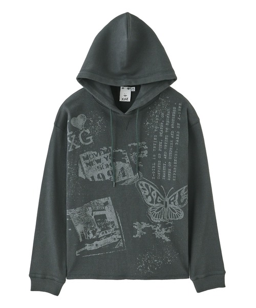 X-girl（エックスガール）の「COLLAGE GRAPHIC HOODED TOP（パーカー・レディース・オリーブ/チャコール・S/M）」の2枚目の写真