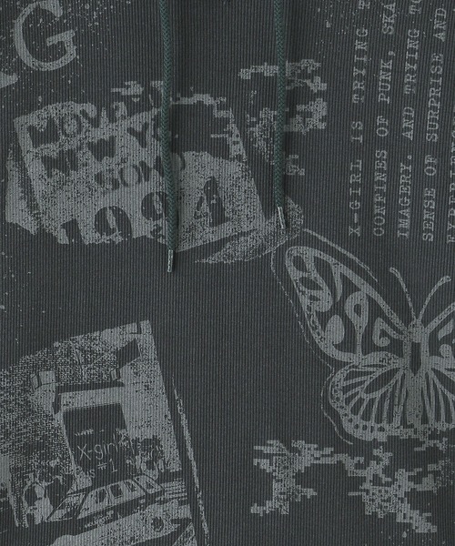 X-girl（エックスガール）の「COLLAGE GRAPHIC HOODED TOP（パーカー・レディース・オリーブ/チャコール・S/M）」の5枚目の写真