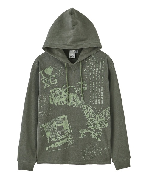 X-girl（エックスガール）の「COLLAGE GRAPHIC HOODED TOP（パーカー・レディース・オリーブ/チャコール・S/M）」の11枚目の写真
