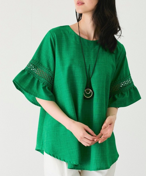 Jayro（ジャイロ）の「袖レースブラウス（シャツ/ブラウス・レディース・ブラック/グレー/ブルー/ネイビー/イエロー/ホワイト/グリーン・FREE）」の4枚目の写真