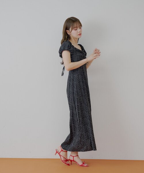 ハートネック★ドット柄パフスリーブロングワンピース ABYS（アビス）の「ハートネックドットロングワンピース