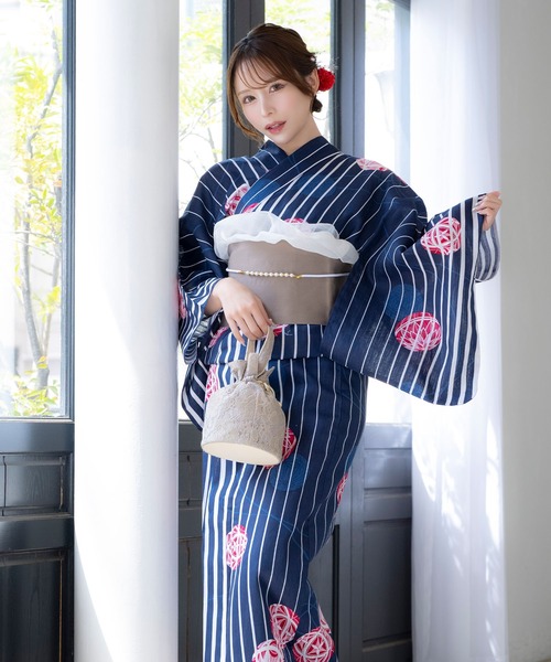 セール】浴衣セット レディース 綿麻 紺 ストライプ 鞠 大人 綺麗