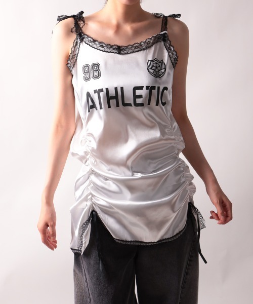 セール】レース肩紐 シャイニートップス（Tシャツ/カットソー