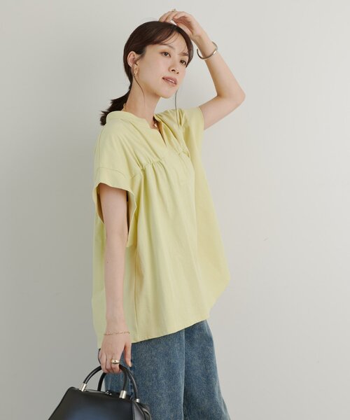 un dix cors(アンディコール)の「《きちんと見え・綿100%》ライトドライ天竺シャーリングスキッパープルオーバー(Tシャツ/カットソー・レディース・オフホワイト/イエロー/ブラック・FREE)」の6枚目の写真