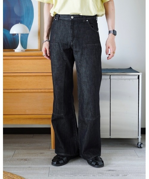 セール】ZOZOMARKET by idaka-ステッチダブルニーフレアデニムパンツ