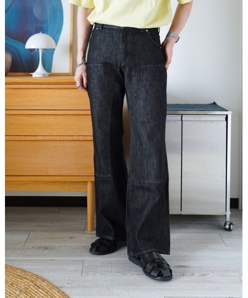 セール】ZOZOMARKET by idaka-ステッチダブルニーフレアデニムパンツ