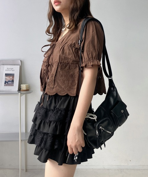 AS KNOW AS plus（アズノゥアズプラス）の「●リボン結び コットンレース半袖ブラウス（シャツ/ブラウス・レディース・ブラウン/ブラック/オフホワイト・FREE）」の8枚目の写真