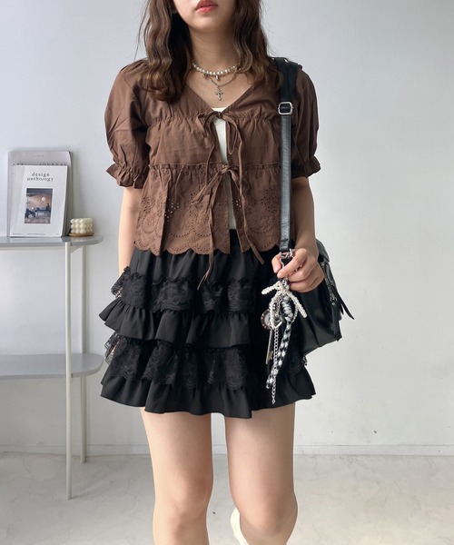 AS KNOW AS plus（アズノゥアズプラス）の「●リボン結び コットンレース半袖ブラウス（シャツ/ブラウス・レディース・ブラウン/ブラック/オフホワイト・FREE）」の11枚目の写真