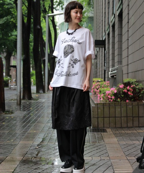 H.A.K（ハク）の「ナイロンコットンペーパーローン　カメリアスカラップレースレイヤードスカート（スカート・レディース・ブラック/ホワイト・FREE）」の6枚目の写真